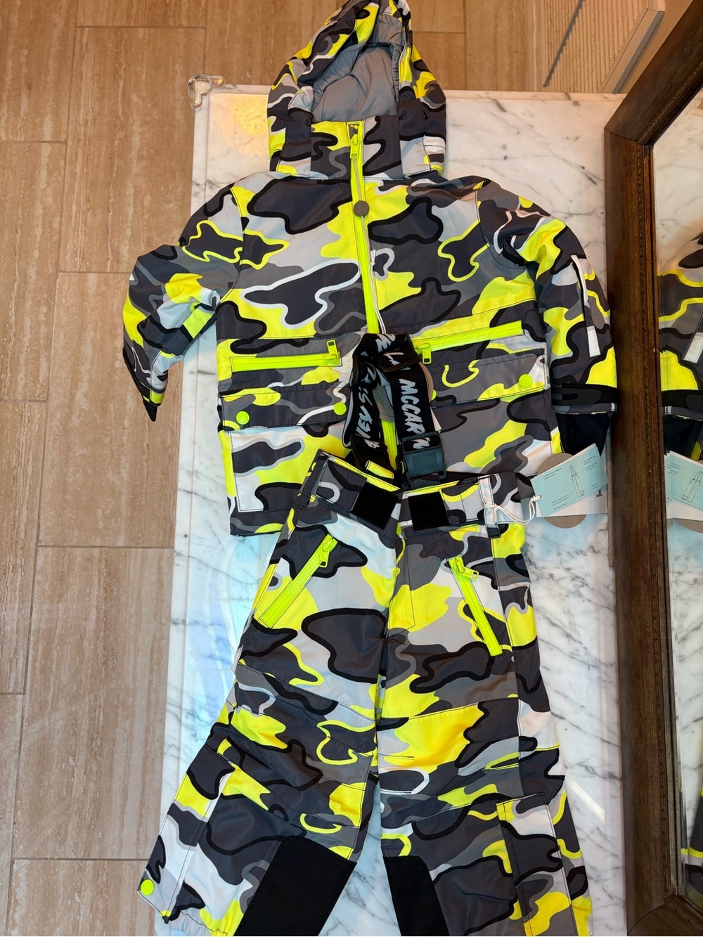 Stella McCartney Kids Neon Yellow, Gray & Black Camo Ski Jacket and Pants